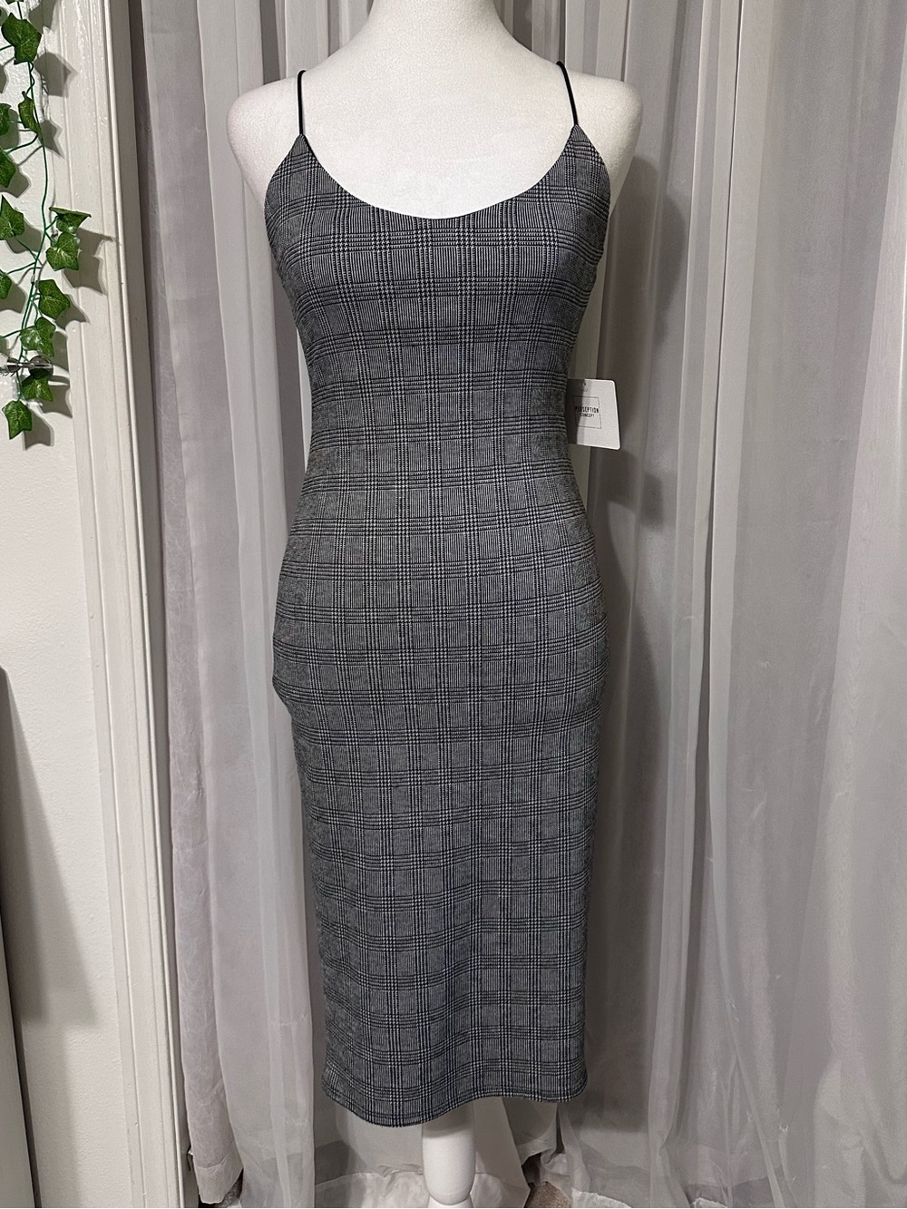 Perseption Concept Black Plaid Houndstooth Spaghetti Strap Dress Size M